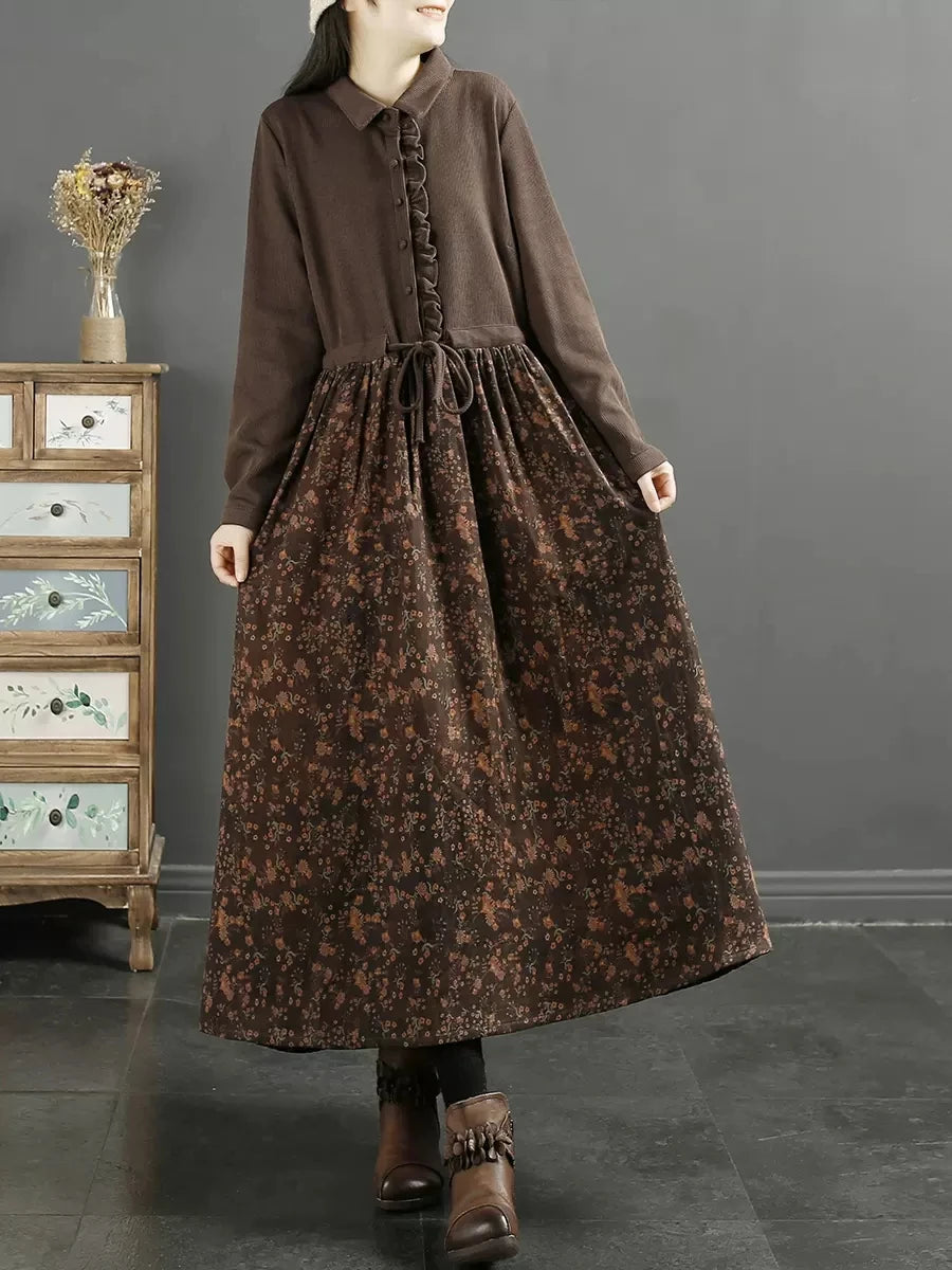 Retro Floral Patchwork Turn-down Collar Long Dr Women's Autumn New Sle Wooden  Sensation Belted A-line Skirt Dr