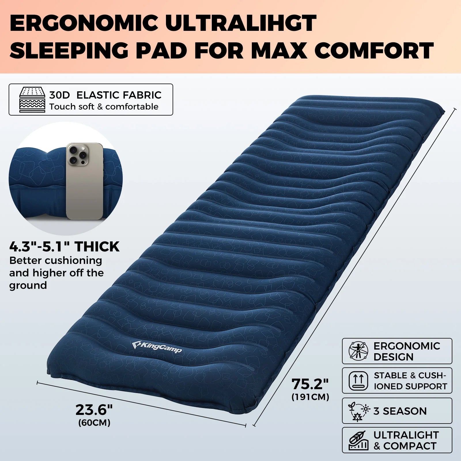 KingCamp Sleeping Pad, Ultralight, Inflatable, Carry Bag.