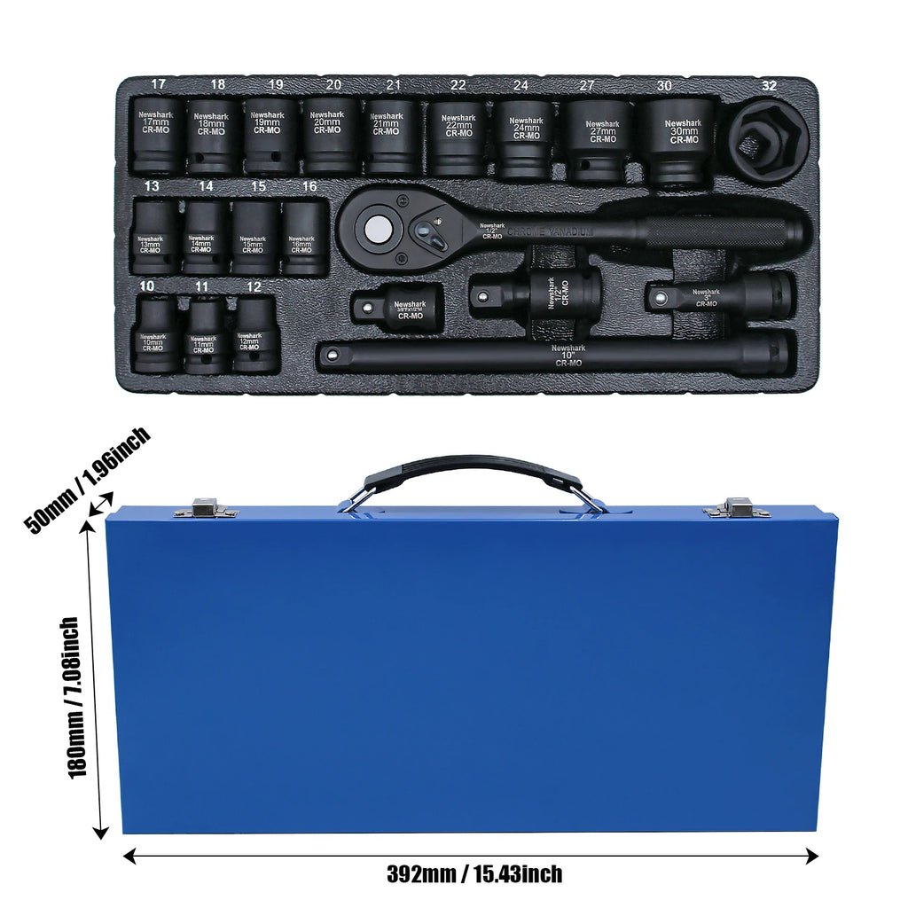 22PCS. Socket Wrench Set,1/2-Inch Impact Socket Set, 6 Point, Metric Size(10-32mm),Quick Release Ratchet.