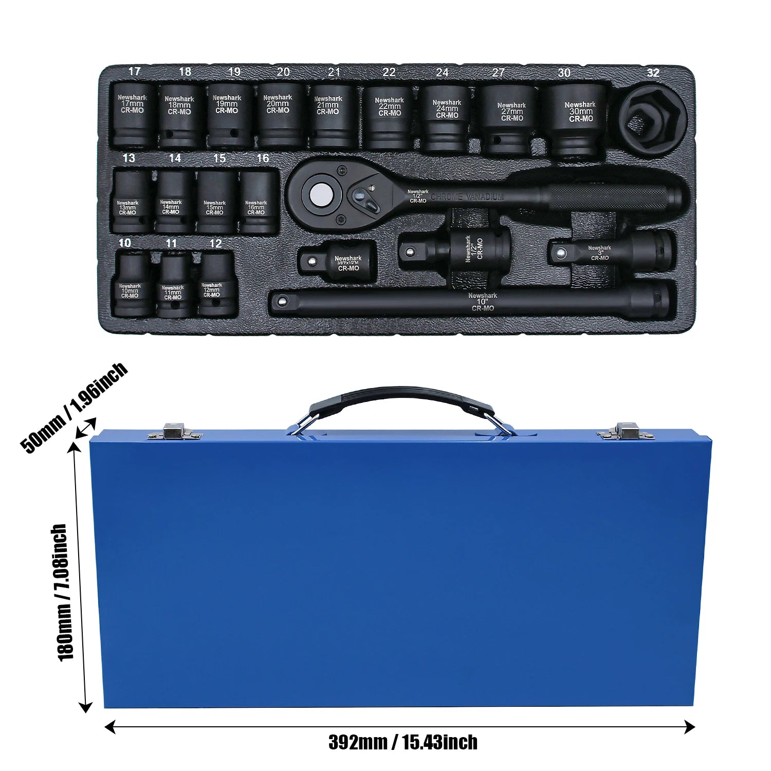 22PCS. Socket Wrench Set,1/2-Inch Impact Socket Set, 6 Point, Metric Size(10-32mm),Quick Release Ratchet.