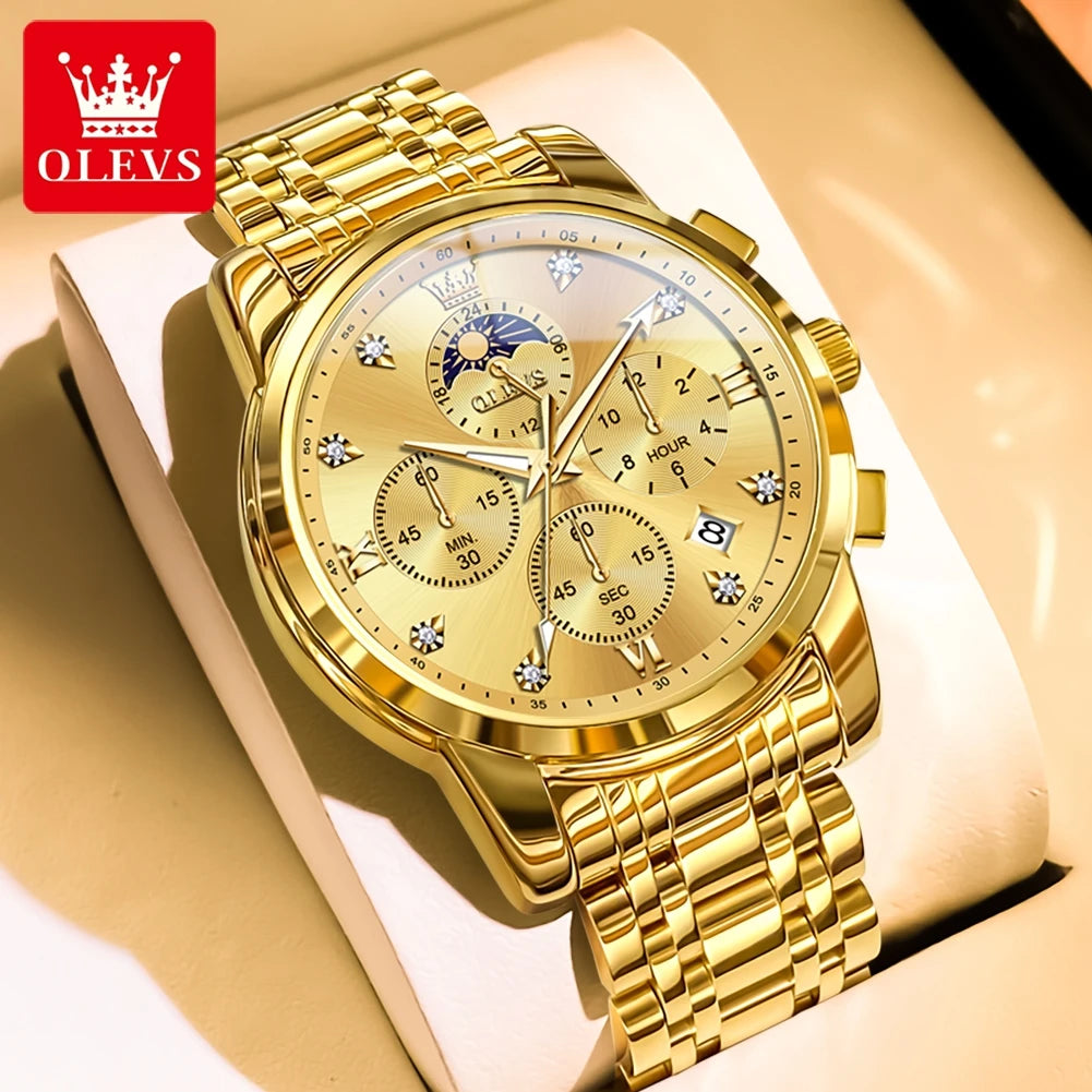 OLEVS Luxury Men's Watches. Moon Phase, Chronograph, Quartz, Gold Stainless Steel, Luminous.