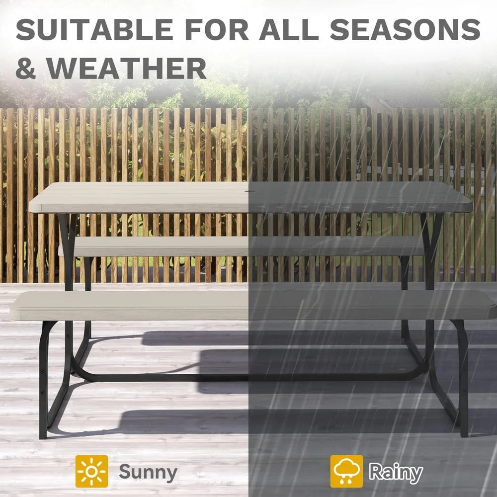 6FT Picnic Table And Bench. W/Umbrella Hole. Resin Tabletop & Steel Frame .