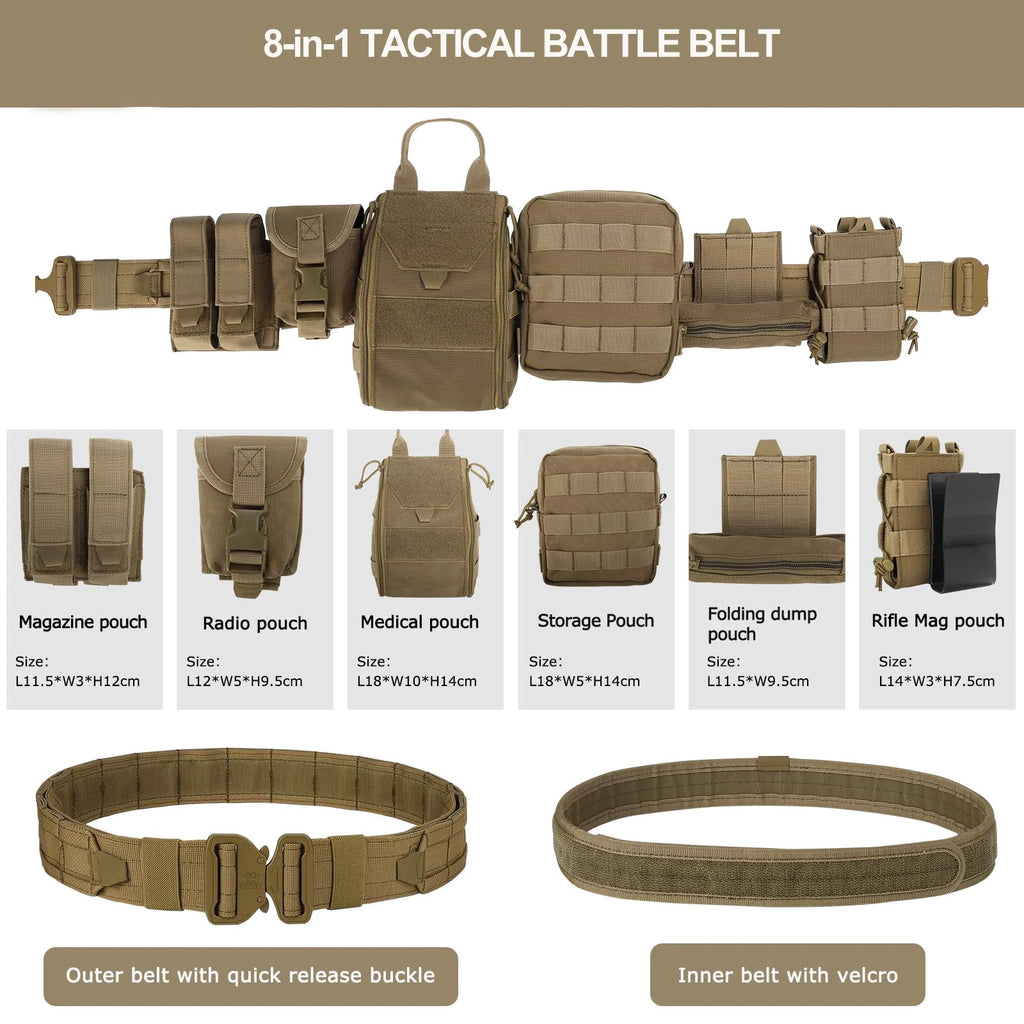 8-in-1 Battle Belt with Accessories. Quick Release , Heavy Duty , 8 Pcs.