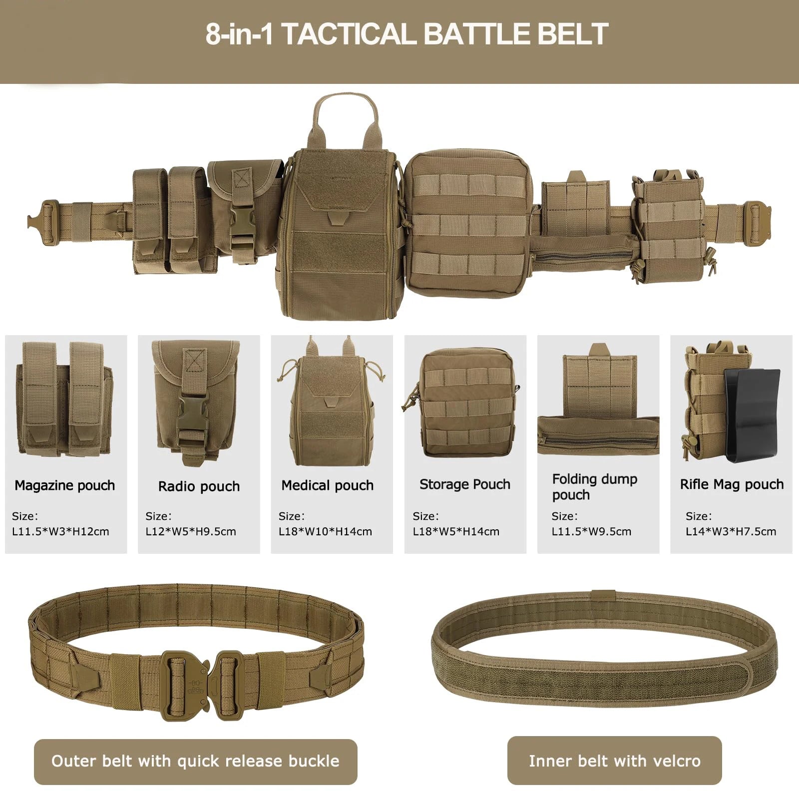 8-in-1 Battle Belt with Accessories. Quick Release , Heavy Duty , 8 Pcs.