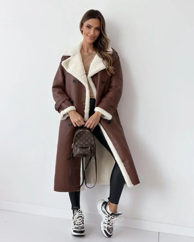Women's Coat. Fashionable Faux Fur. Lapel Collar.