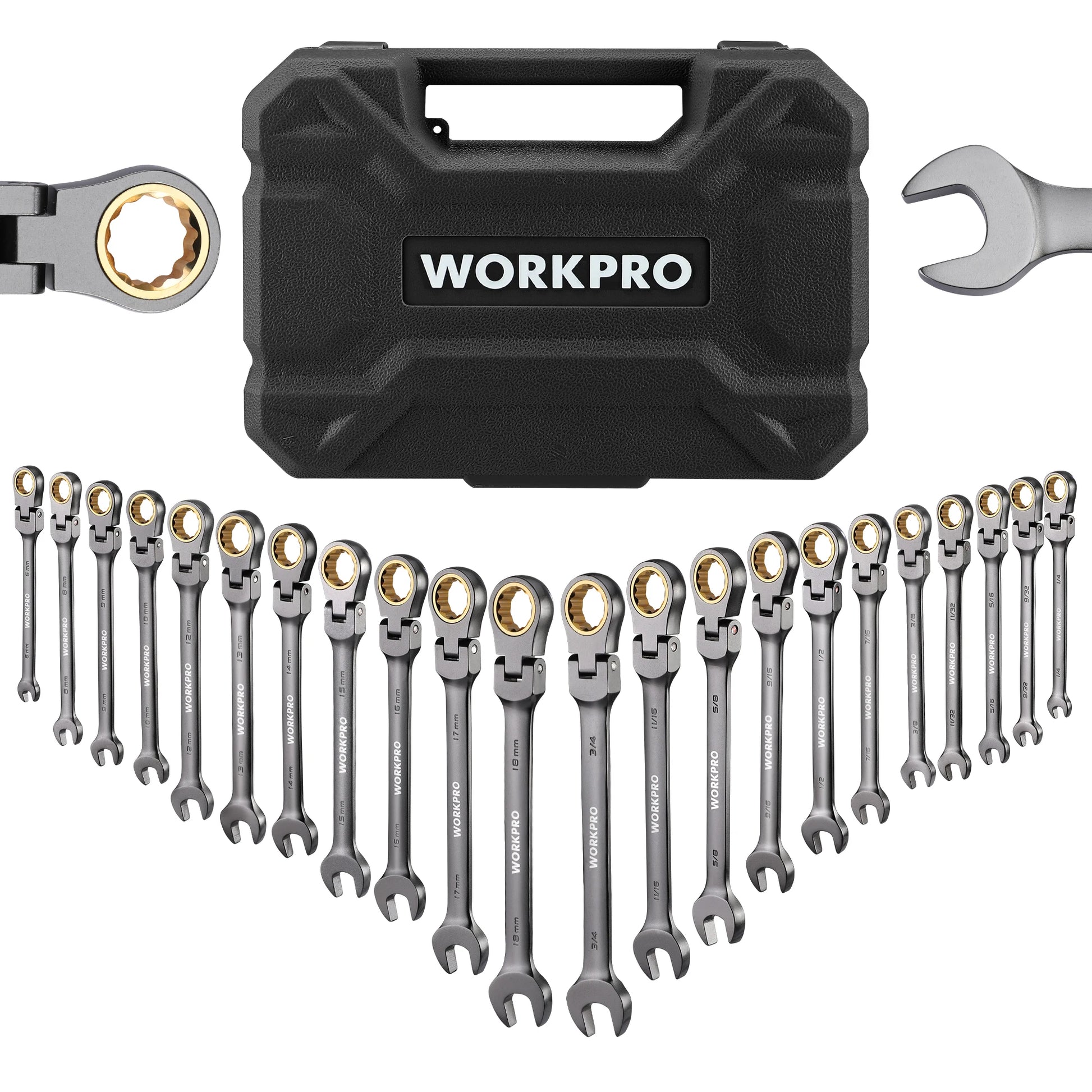 WORKPRO 22pcs Ratcheting Wrench Set. Flex-Head Ratchet Combination Wrench Sets with Organizer Box 72 Teeth.