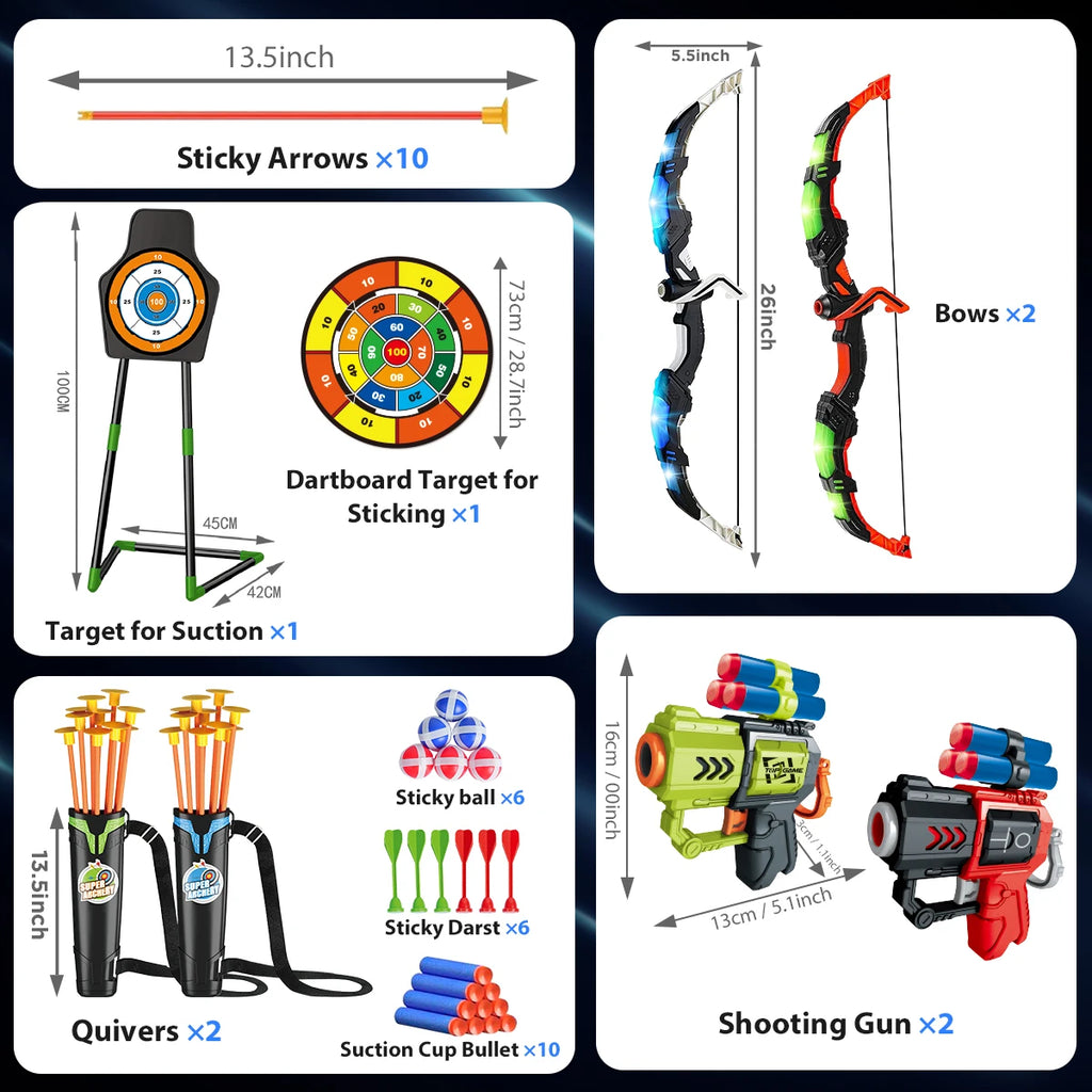 VATOS 2X Bow Arrow + Guns Toy. LED Light Up - Suction Cup Stand Target.