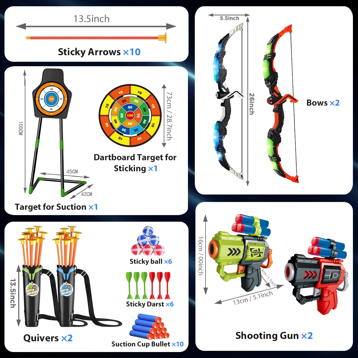 VATOS 2X Bow Arrow + Guns Toy. LED Light Up - Suction Cup Stand Target.