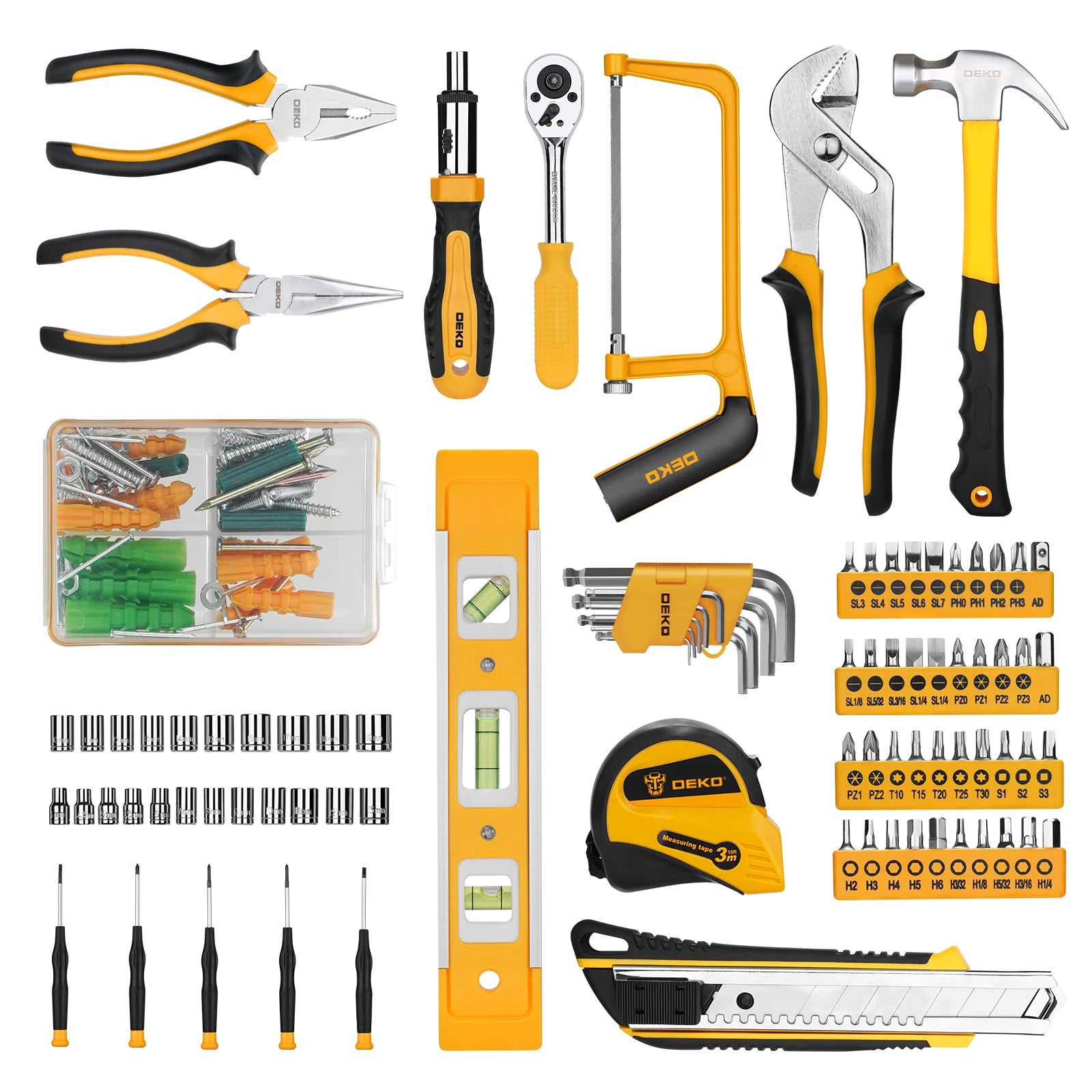 DEKO 228Pcs Socket Wrench Auto Repair Tool Combination Package. Plastic Toolbox Storage Case Included.