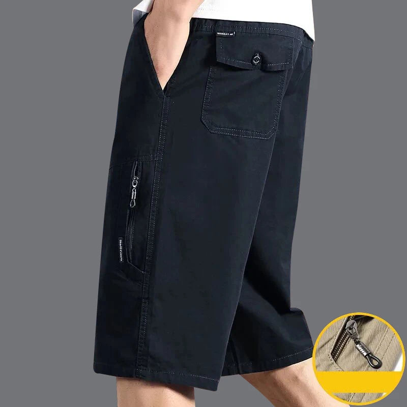 Classic Cargo Shorts, Zipper Pocket, Casual Knee Shorts. Cotton.