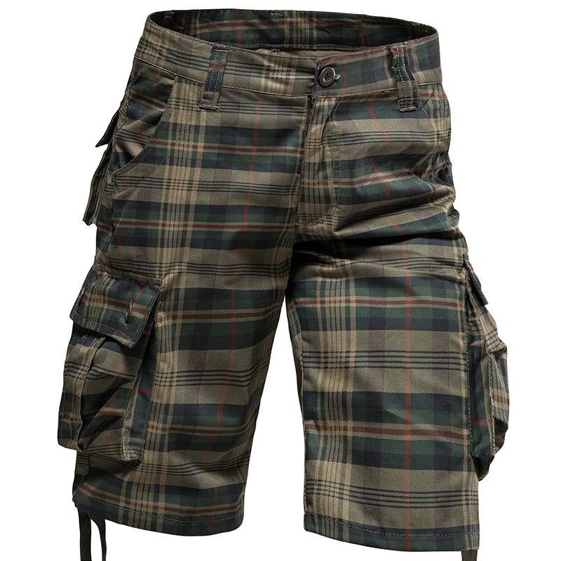 Cotton, Comfortable, Plaid Shorts. Loose, Straight Leg, Large Cargo Pockets.