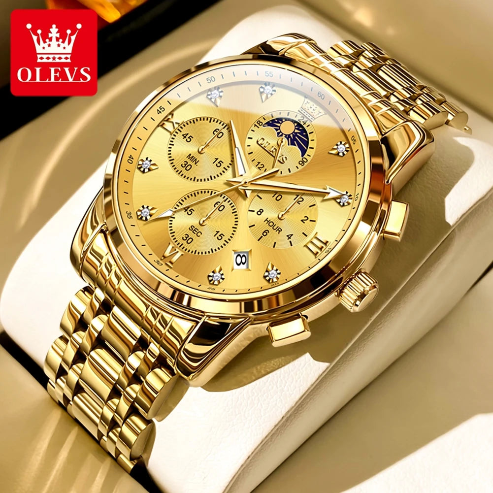 OLEVS Luxury Men's Watches. Moon Phase, Chronograph, Quartz, Gold Stainless Steel, Luminous.