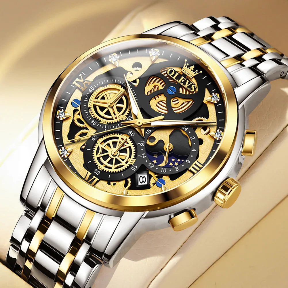 OLEVS Luxury, Waterproof, Gold Skeleton Style, 24 Hour, Wrist Watch.