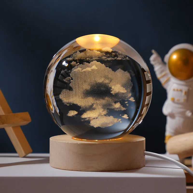 6/8cm 3D Crystal Ball Planet Night Light. Laser Engraved Solar System Globe. Home Desktop Decoration.