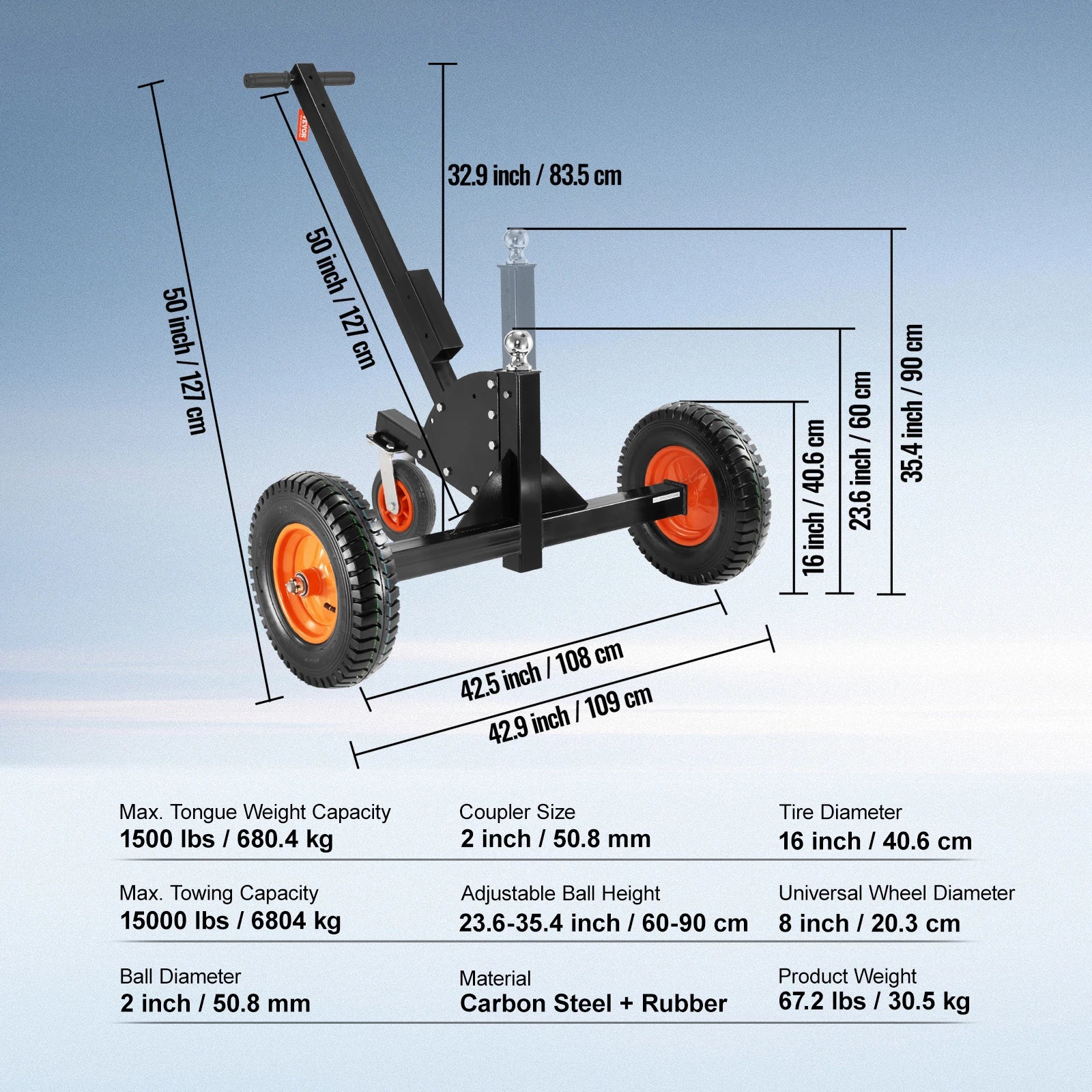 VEVOR Adjustable Trailer Dolly. 600/1500lbs Tongue Weight Capacity. Carbon Steel Trailer Mover.