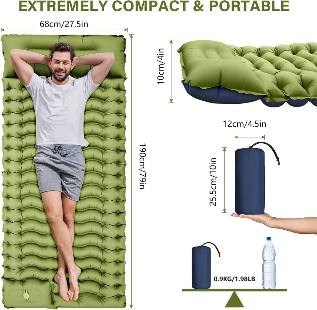 Super Thick 4-inch Inflatable Sleeping Mat, With built-in pillow and pump.
