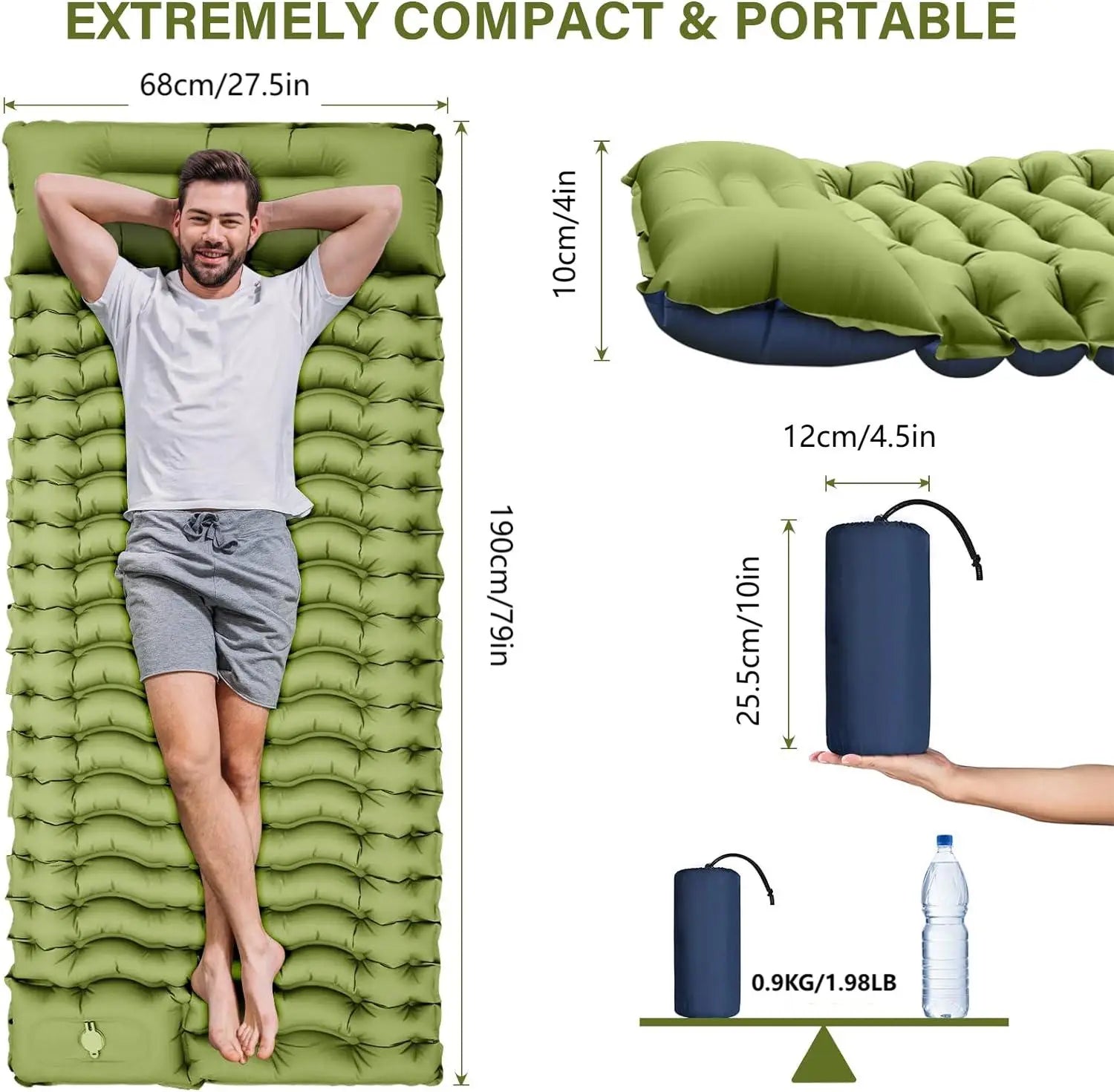 Super Thick 4-inch Inflatable Sleeping Mat, With built-in pillow and pump.