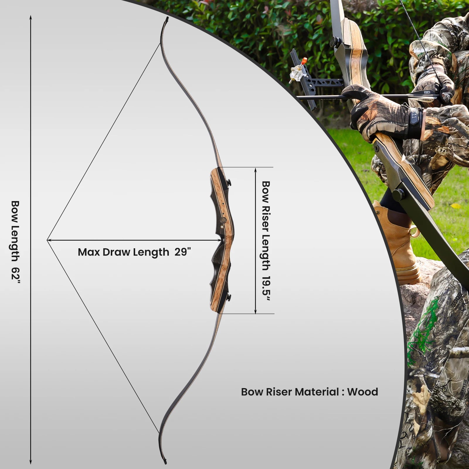 Takedown Recurve Bow- 62 inch - 20-50lbs Draw Weight .