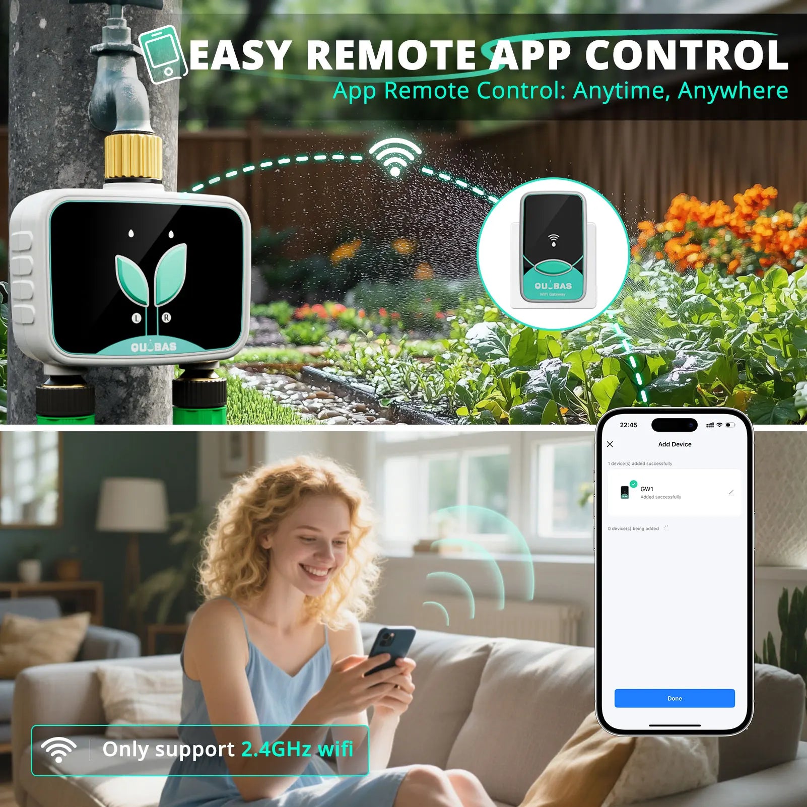 2-Zone, Smart Water Timer for Garden Hose, APP Remote Control, Manual Watering, Rain Delay Watering.