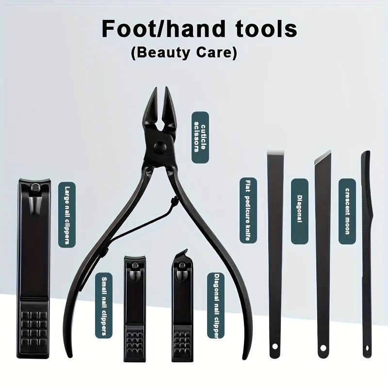 8/12/15/20/24pcs Black Nail Clipper Set. Pedicure, Knife, Stainless Steel, Nail Beauty Tool, Portable Travel Box.