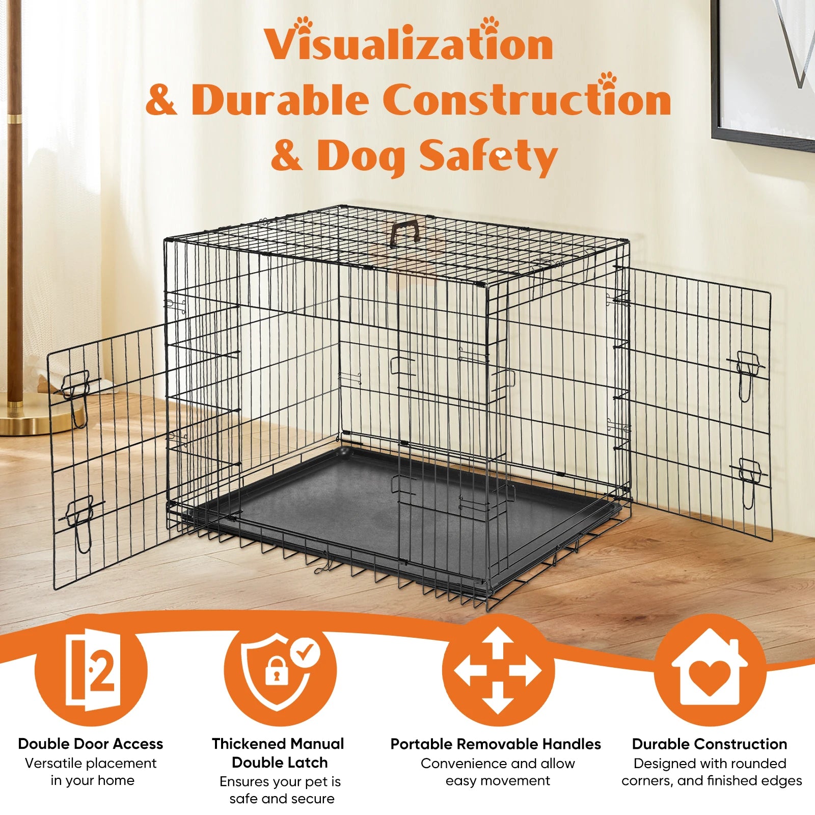 JHK Double Door Folding Metal Wire Dog Cage with Plastic Leak-Proof Tray. Extra Large Pet Kennel for Indoor Outdoor Travel.
