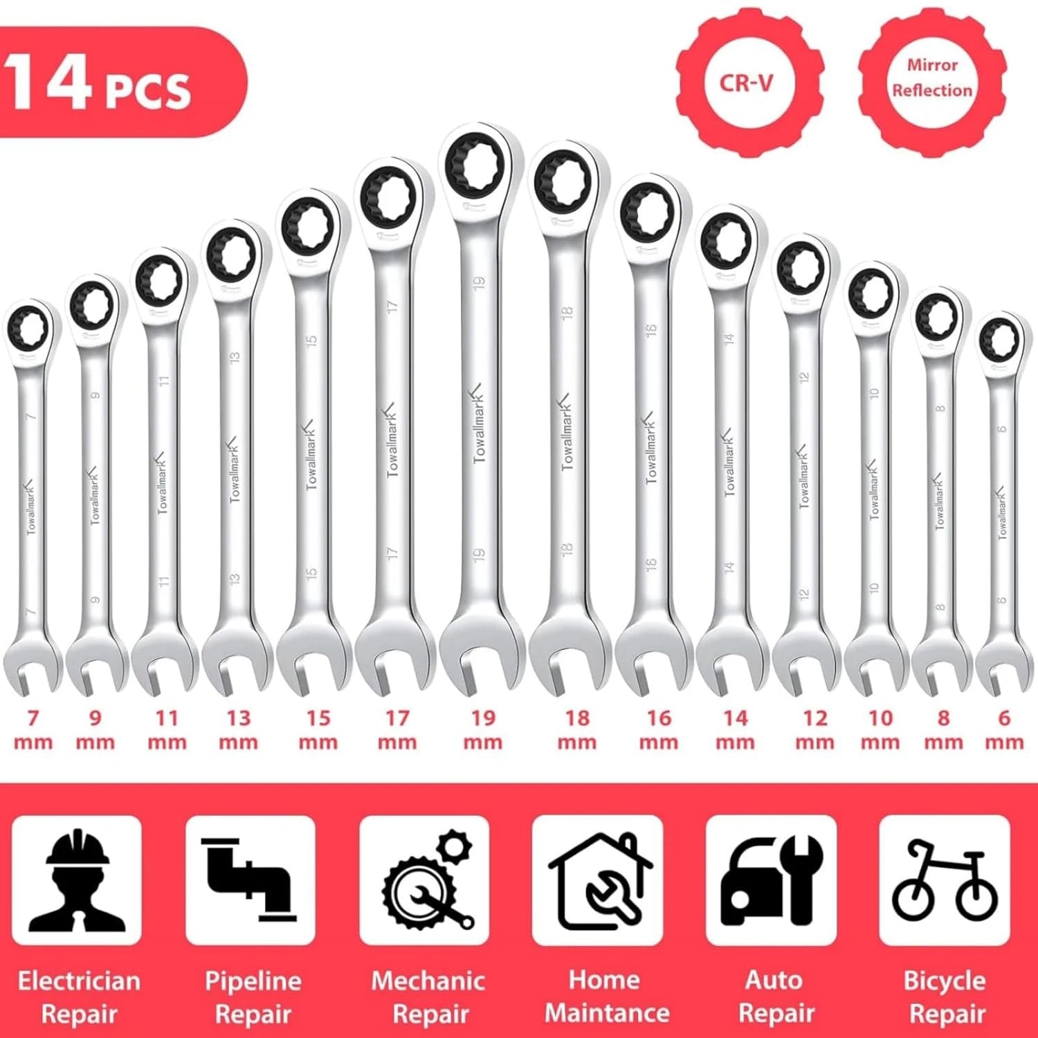 Ratcheting Wrench Set - 14pcs, Metric, Fixed Head, 6-19mm, Cr-V Steel Ratchets with Storage Bag.