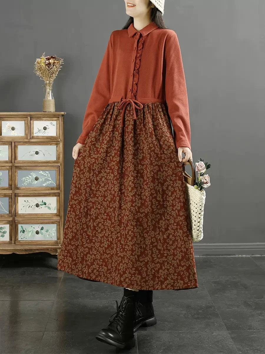 Retro Floral Patchwork Turn-down Collar Long Dr Women's Autumn New Sle Wooden  Sensation Belted A-line Skirt Dr