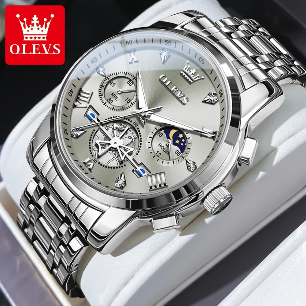 OLEVS Men's Classic, Multifunctional, Chronograph, Quartz Wristwatch. Moon Phase, 24 Hour, Waterproof.