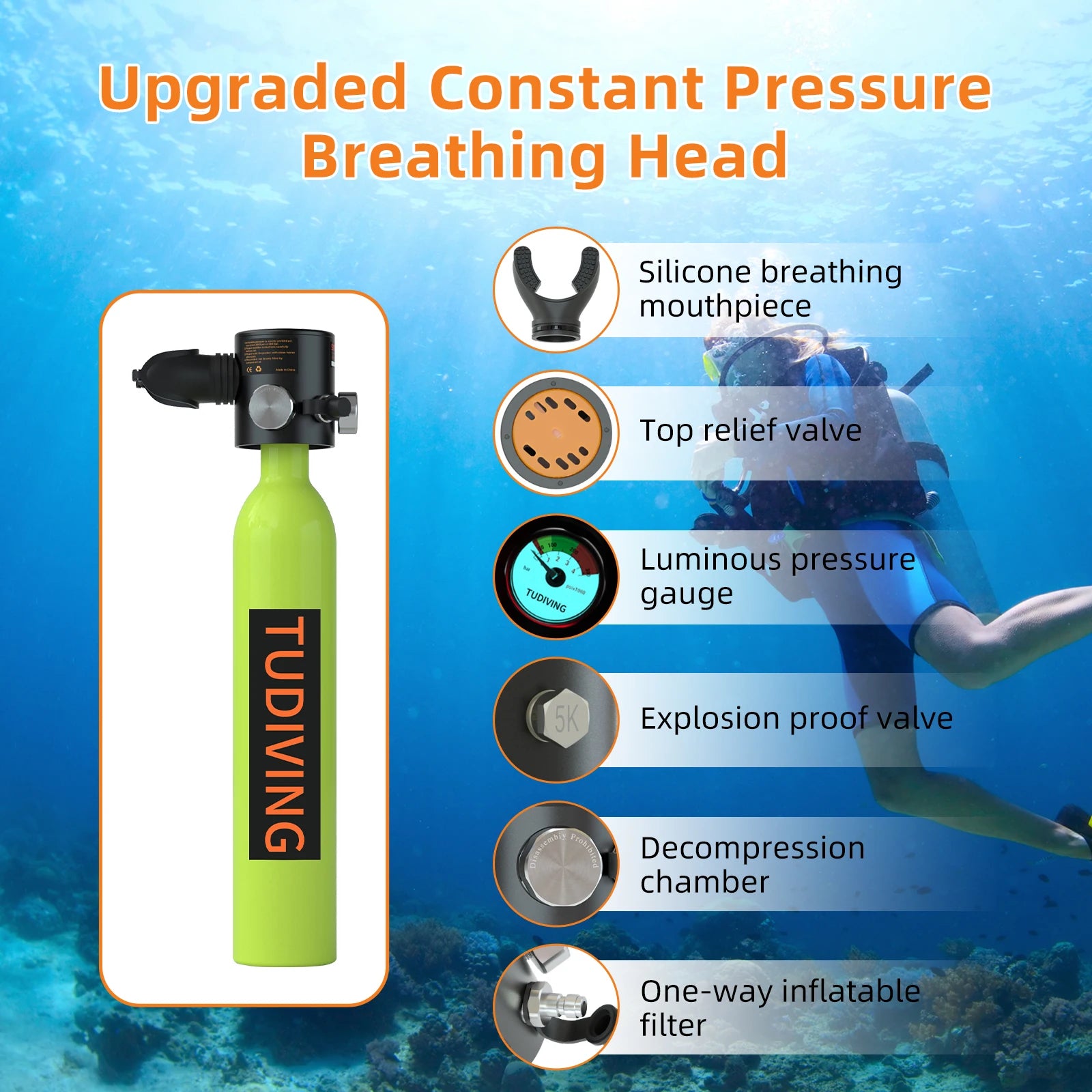 TUDIVING-0.5L Scuba Diving Tank Set with Full Face Snorkel Mask.
