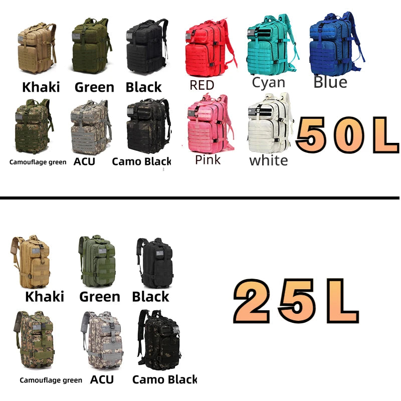25L/50L Sturdy Nylon Waterproof, Tactical Camping, Hiking Backpack.