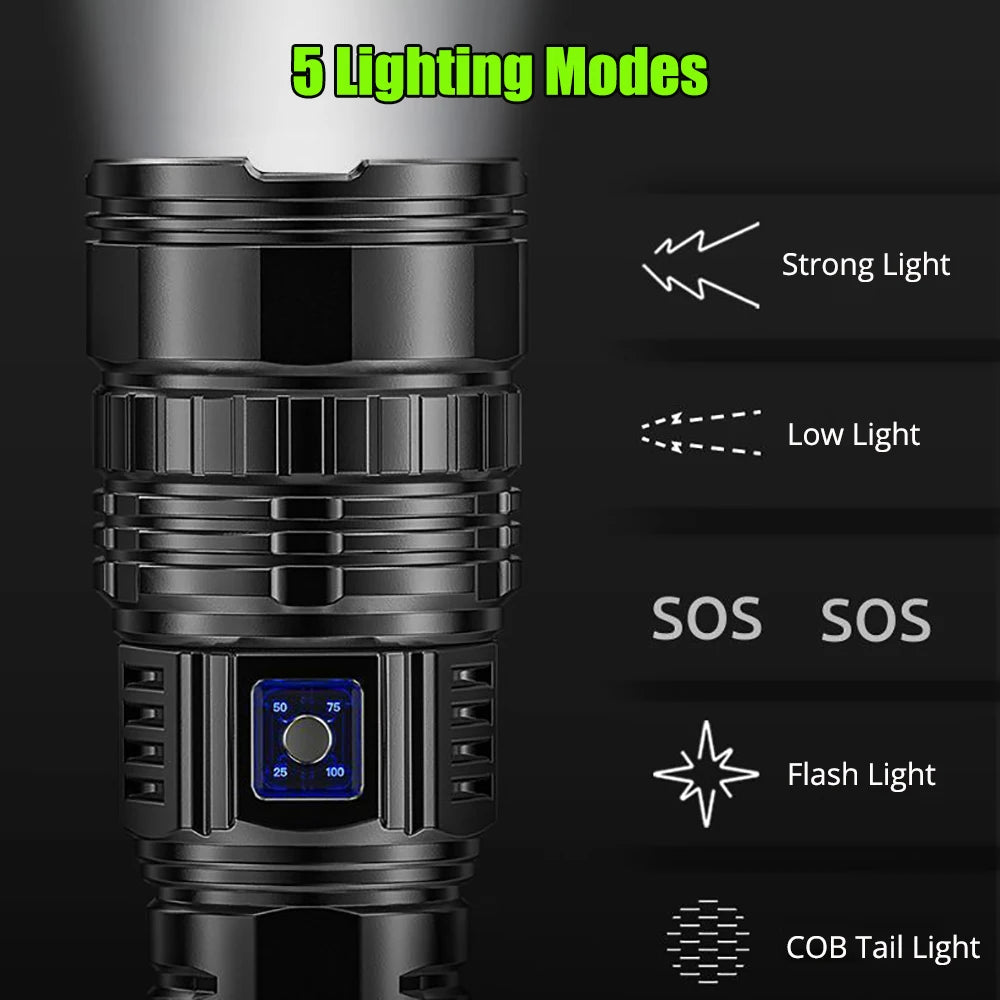 1000W Built-in Battery Flash Light. Emergency Spotlights. 9km 990000000LM, Most Powerful Led Flashlights ,Tactical Torch 15000mah.
