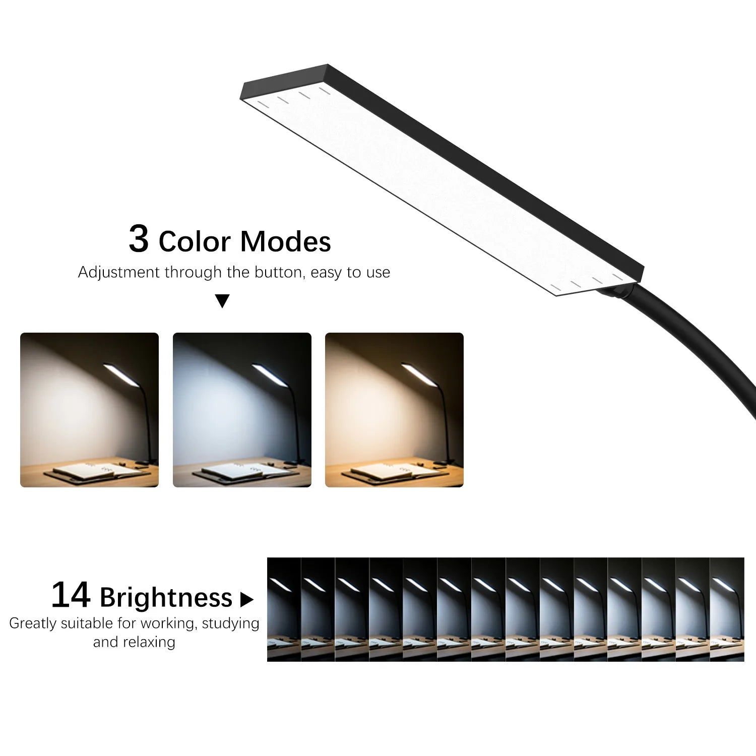 5W LED Clip on Desk Lamp with 3 Modes - 11 Brightness - Clamp.