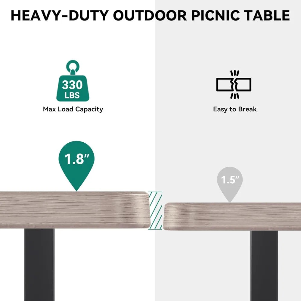 6FT Picnic Table And Bench. W/Umbrella Hole. Resin Tabletop & Steel Frame .