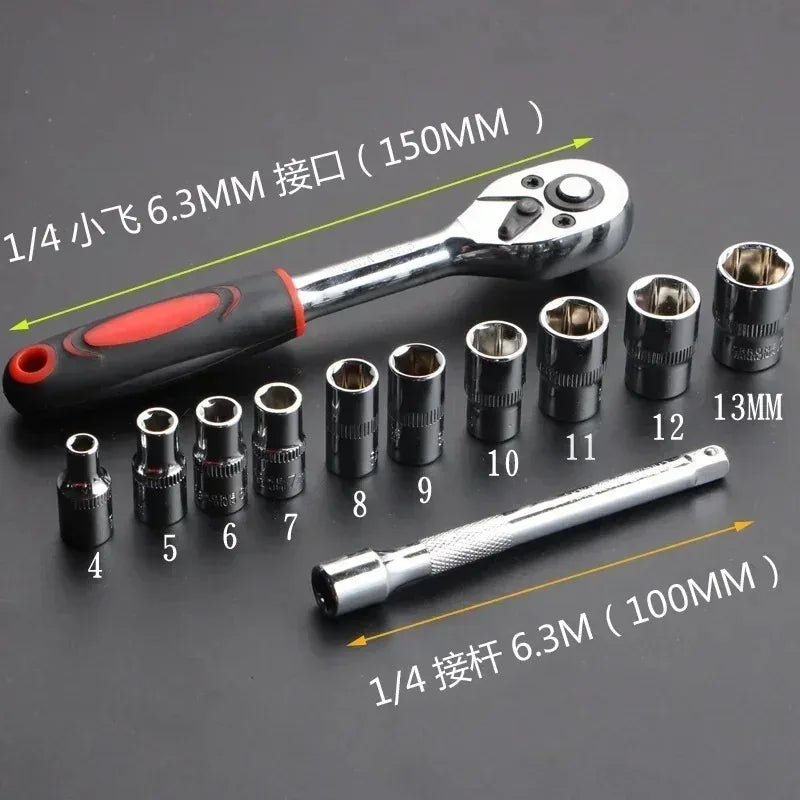 1/4" Ratchet - Socket Set. Extension Rod, Multi-function Ratchet.