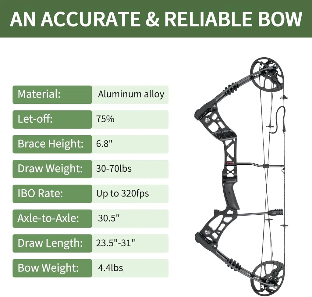Compound Bow and Arrow Set for Adult and Beginner. Right Hand, 30-70 Lbs. Draw Weigh.