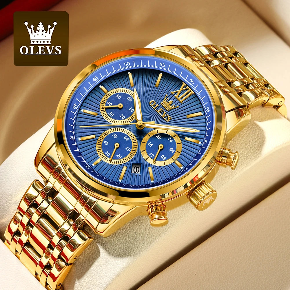 OLEVS Men's Luxury Gold Fashion Wristwatch. Stainless Steel - Waterproof - Luminous - Chronograph Date - 24 Hour Display.