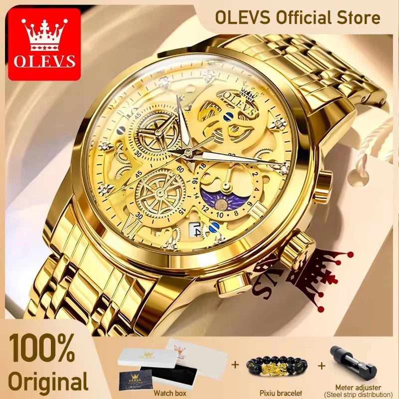 OLEVS Luxury, Waterproof, Gold Skeleton Style, 24 Hour, Wrist Watch.