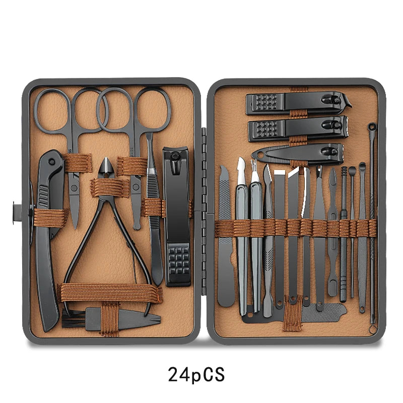 8/12/15/20/24pcs Black Nail Clipper Set. Pedicure, Knife, Stainless Steel, Nail Beauty Tool, Portable Travel Box.