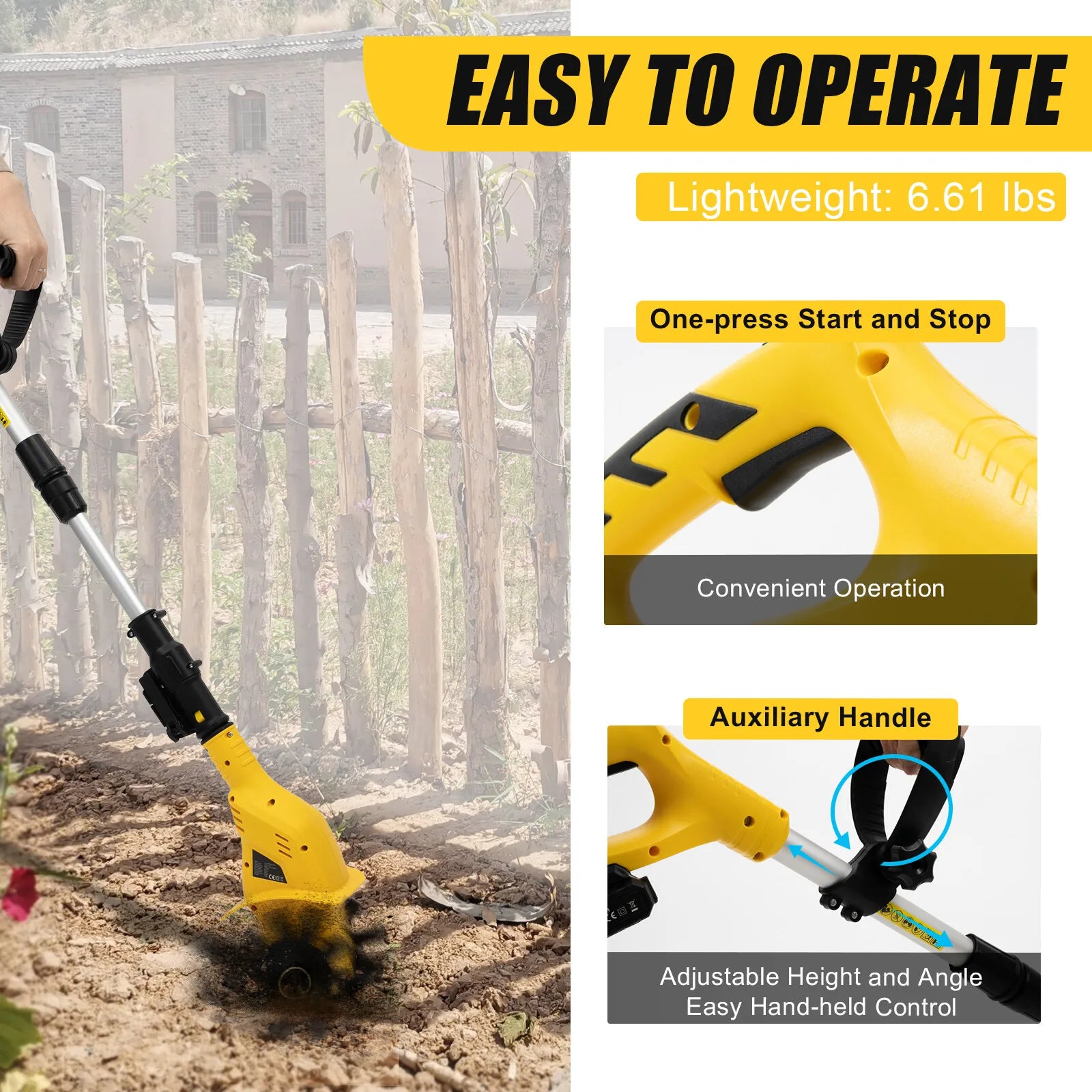 20V Cordless Electric Rototiller, Adjustable Height, 6.7Inch Tilling Depth, Lightweight.