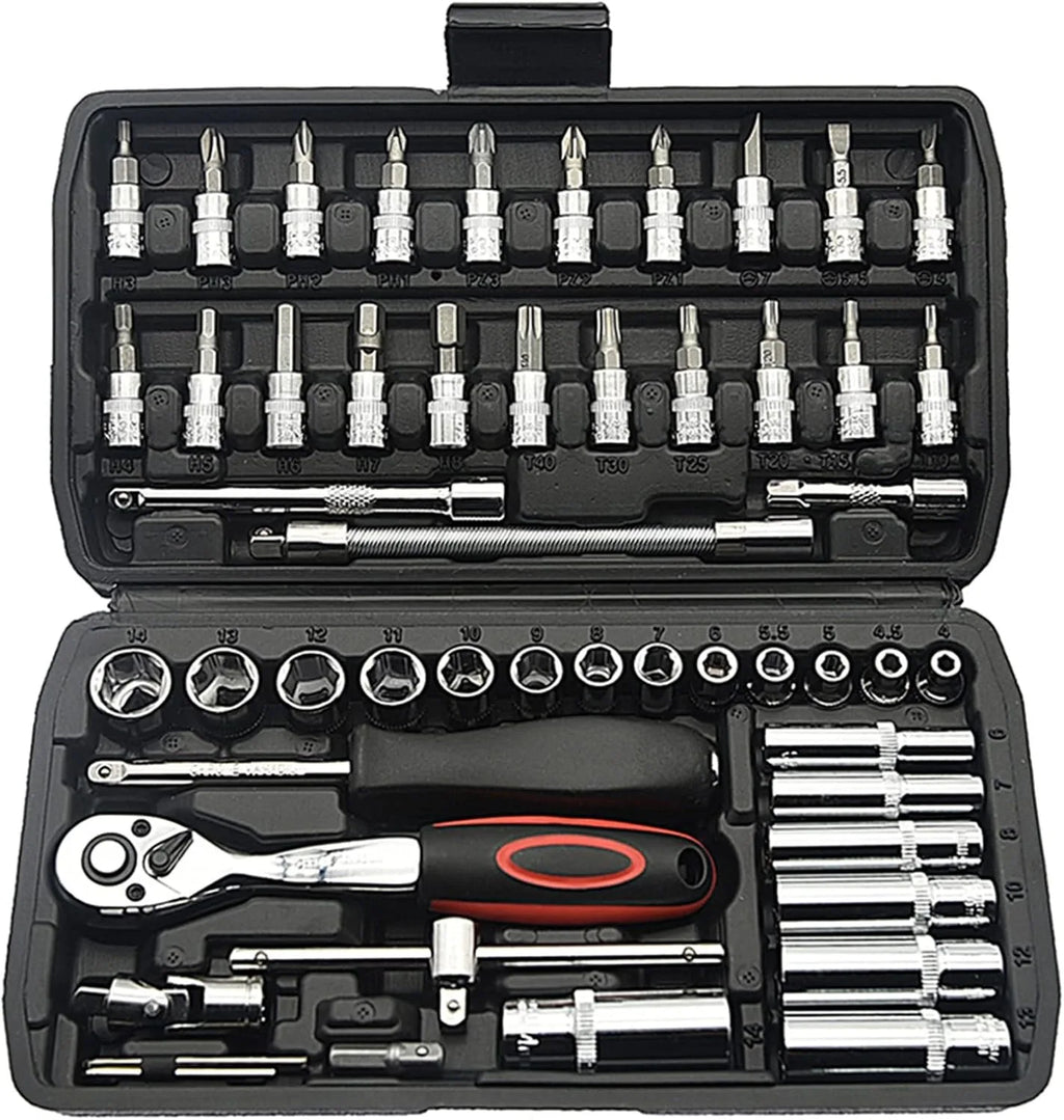 46PCS 1/4 inch Drive Socket Set,Metric, 4-14mm CR-V Sockets, Mechanic Tool Kits.