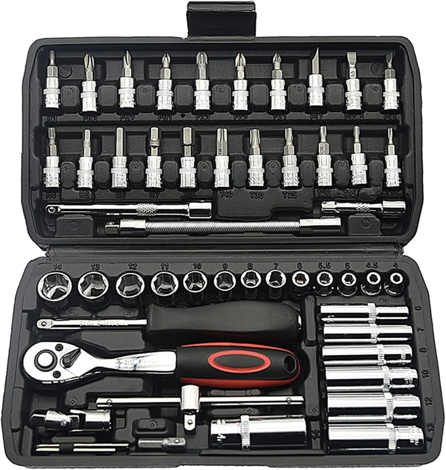 46PCS 1/4 inch Drive Socket Set,Metric, 4-14mm CR-V Sockets, Mechanic Tool Kits.