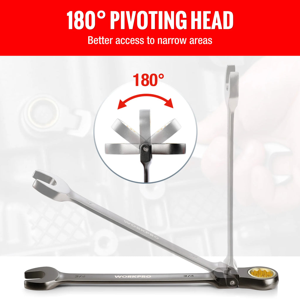 WORKPRO 8pcs - Flex-Head - Ratcheting - Combination Wrench Set. SAE 5/16-3/4 In.