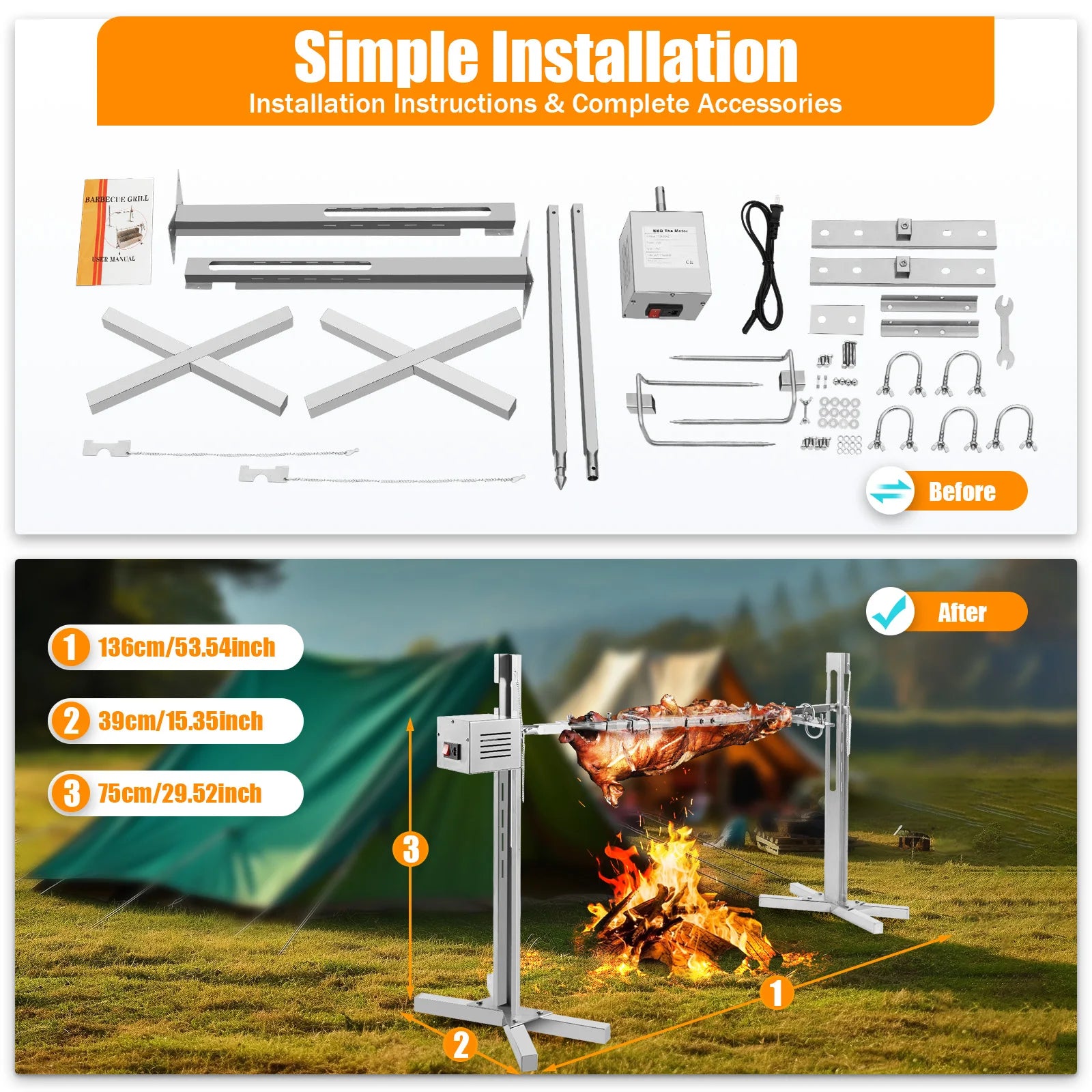 Electric BBQ and Rotisserie Grill Kit, 88LBS Capacity