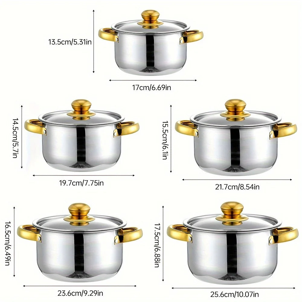 5-Piece Golden Stainless Steel Cookware Set - Durable, Multi-Purpose, Easy to Clean.
