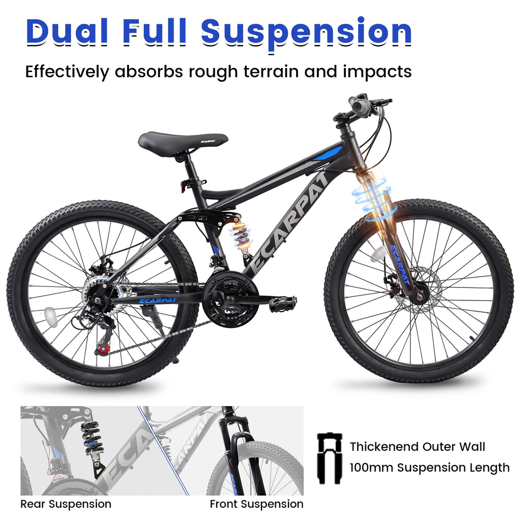 Ecarpat Dual Full Suspension Mountain Bike. 24/26/27.5 Inch, 21-Speed, Disc Brakes.