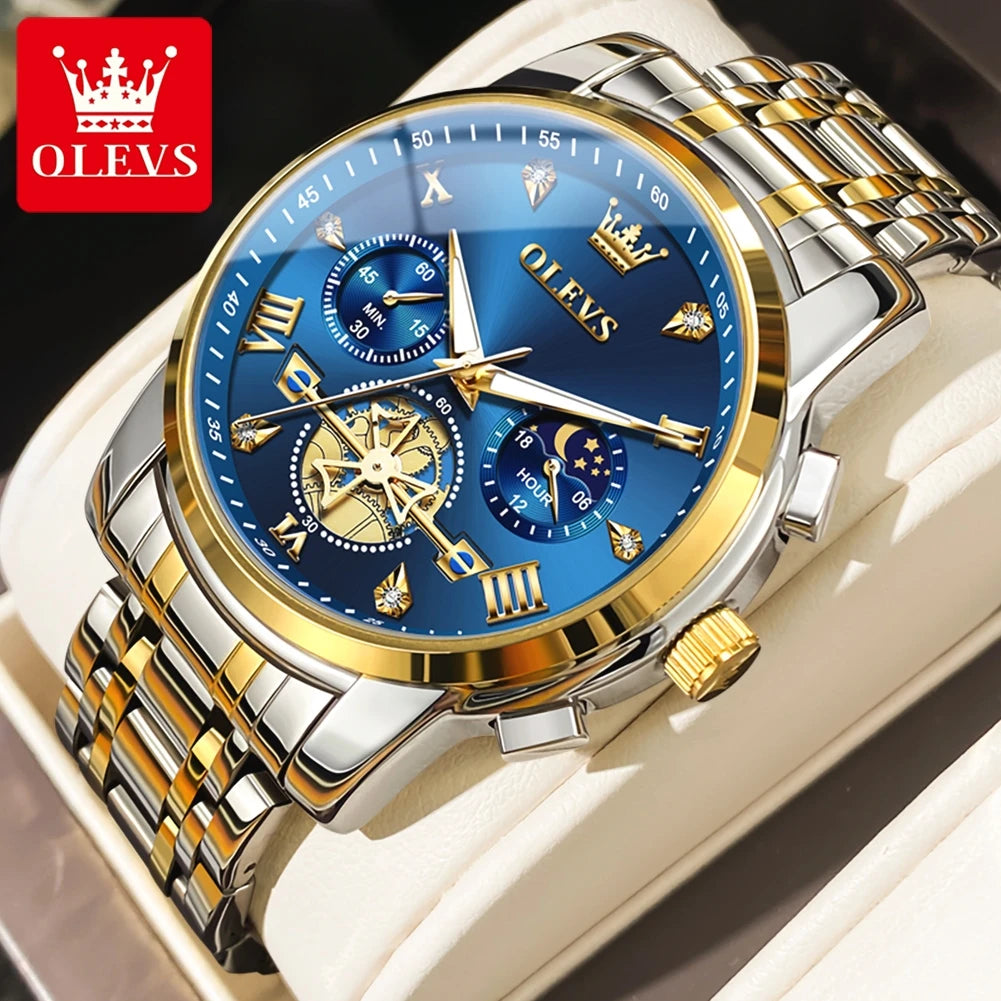 OLEVS Men's Classic, Multifunctional, Chronograph, Quartz Wristwatch. Moon Phase, 24 Hour, Waterproof.