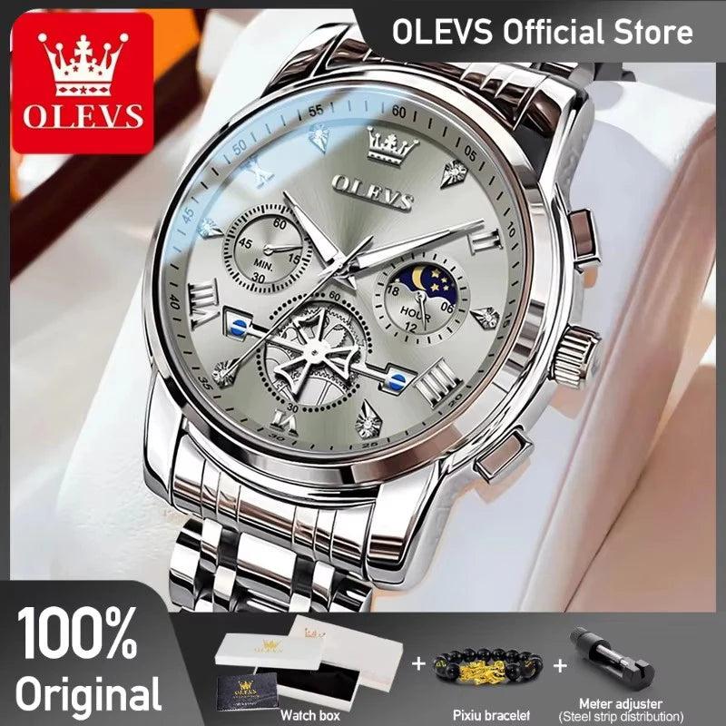 OLEVS Men's Classic, Multifunctional, Chronograph, Quartz Wristwatch. Moon Phase, 24 Hour, Waterproof.