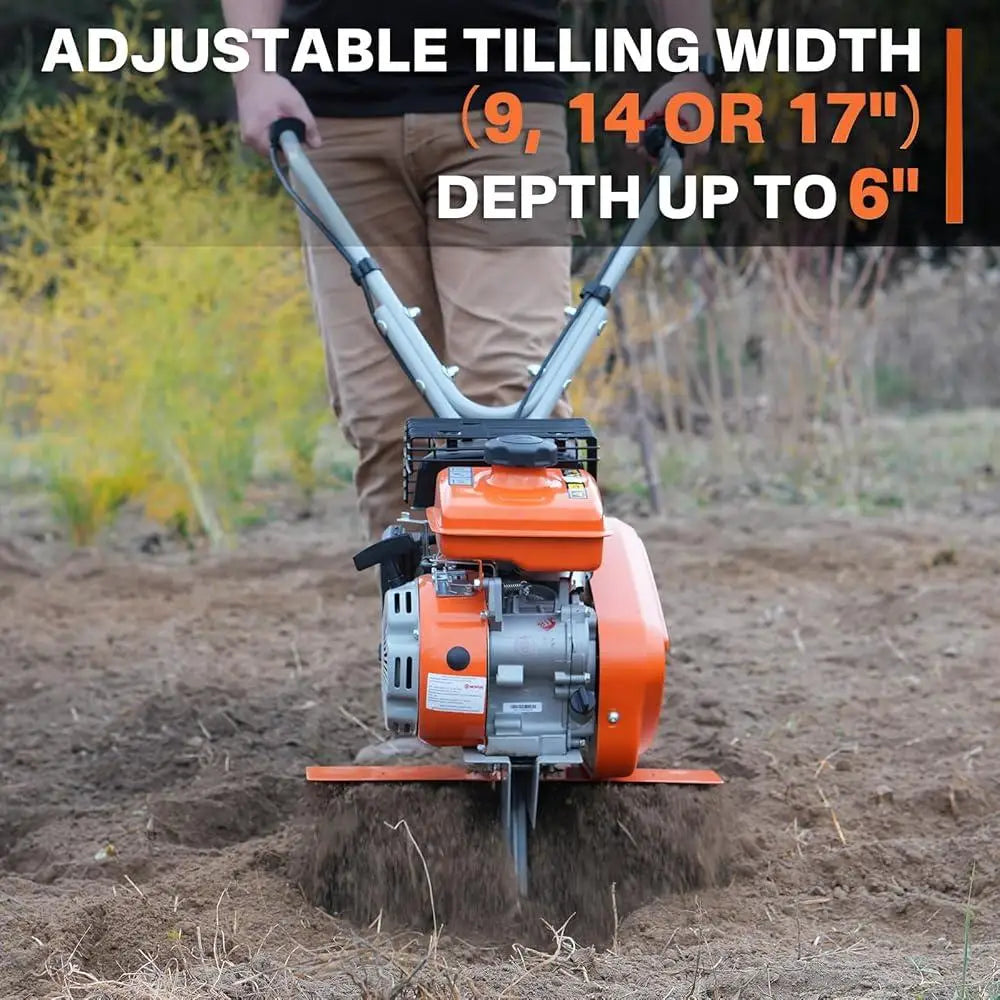 17 Inch, 79cc Gas Powered - Front Tine Cultivator. Tooless - Adjustable Tilling Width, Heavy Duty Tines.
