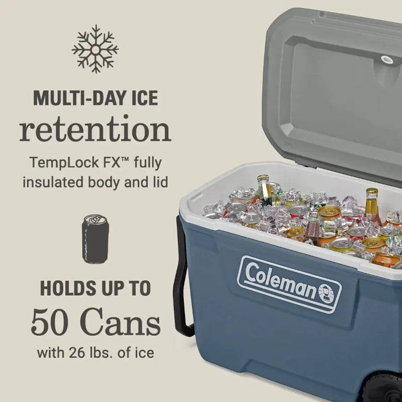 Coleman 316 Series. 62QT Ice Chest, Wheels, Leak-Resistant.