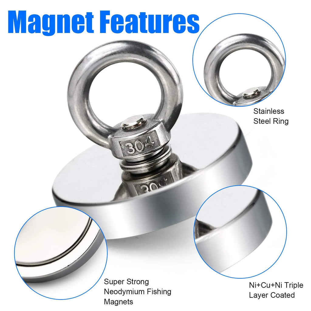 Super Strong Neodymium Fishing Magnets. Heavy Duty Magnet With Countersunk Hole, Eyebolt For Salvage Magnetic Fishing.